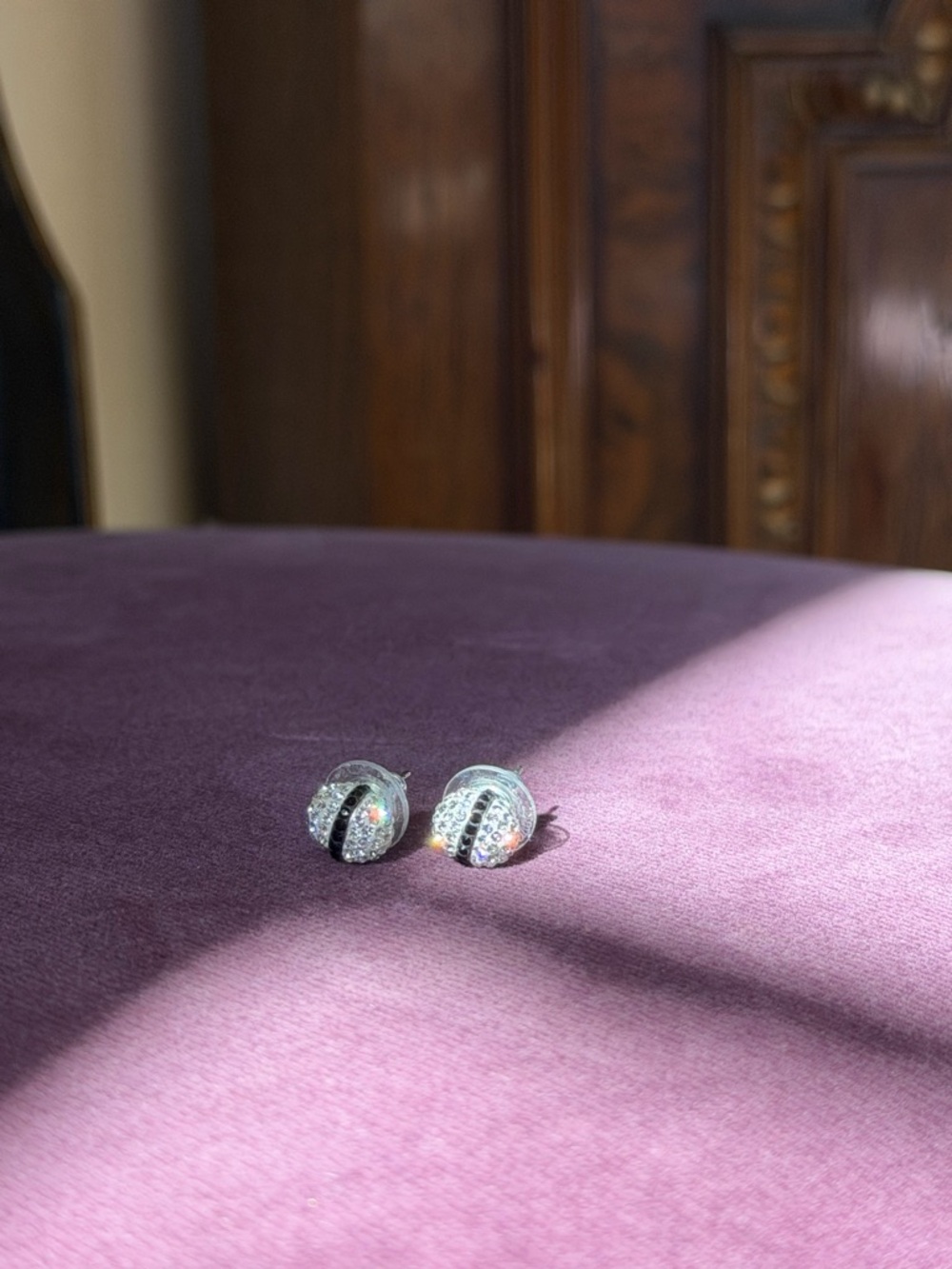 Swarovski Clear Crystal Dome Stud Earrings with Black Stripe